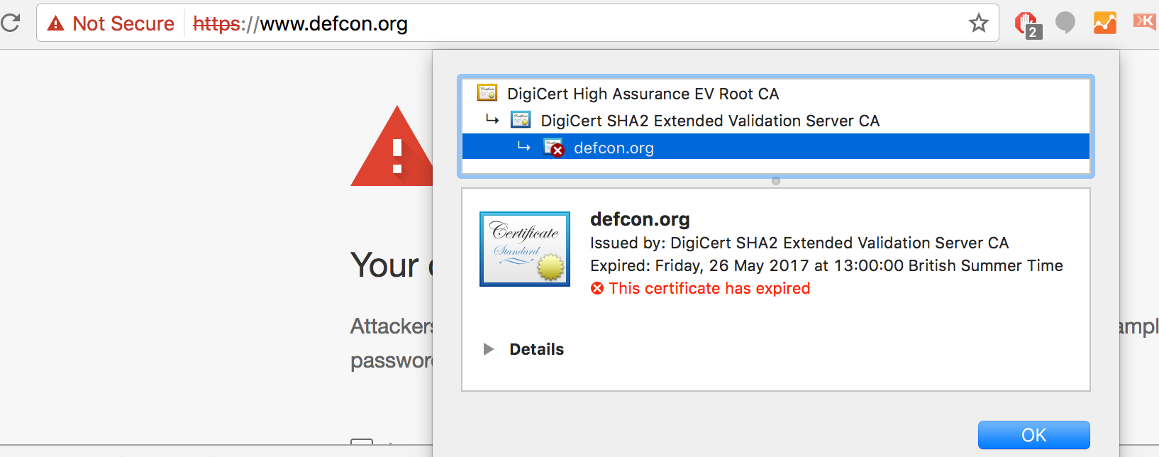 DefCon website down due to expired certificate. 