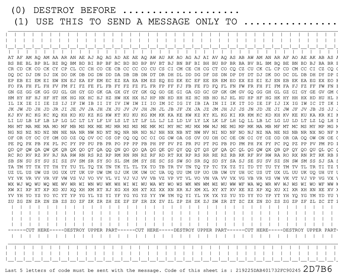 Encryption sheet for one time pad